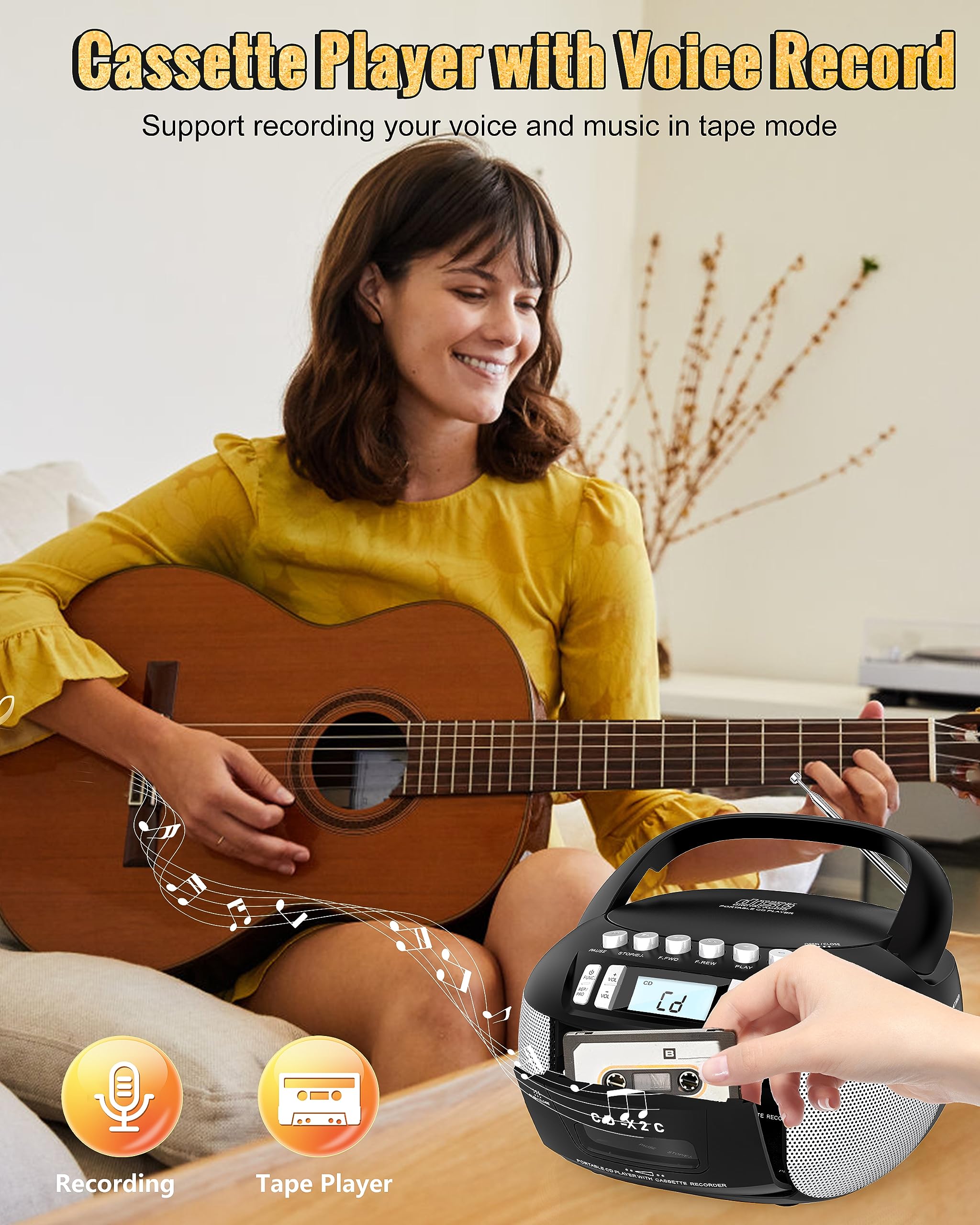 Sunoony Cd And Cassette Player Combo, Boombox Cd Player Portable With Am/Fm Radio, Tape Recording, Stereo Sound, Ac/Dc Powered,
